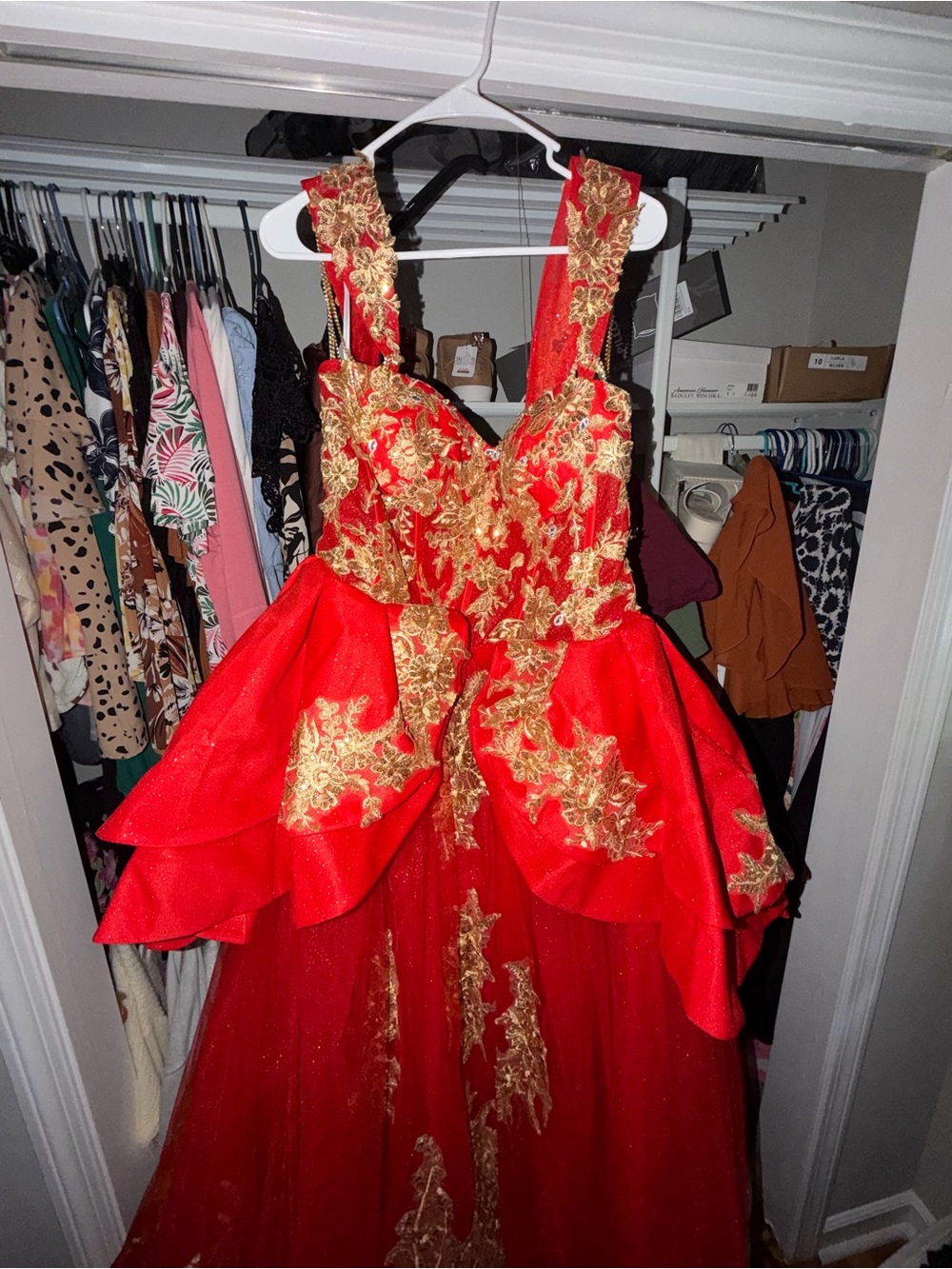Nameless Red and Gold Embroidered Peplum Prom Dress